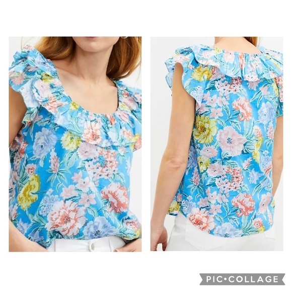 LOFT / Garden Ruffle Blue Floral Print Flutter Sleeve Blouse Size M - Picture 1 of 10